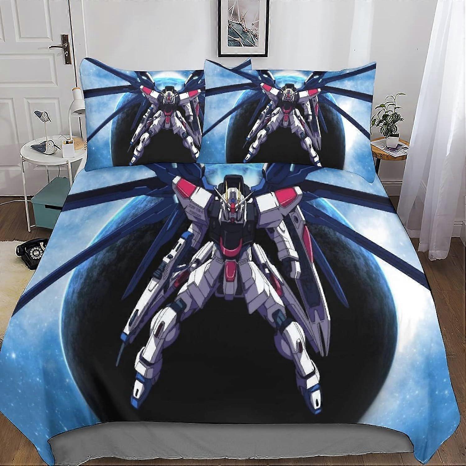 Gundam Bedding Set 3D Duvet Cover, Printed 3 Pieces, Microfiber Bedding with Zipper Closure Pillowcases for Single or Double Bed