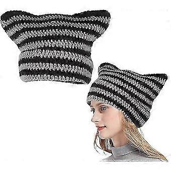 Women's Knit Beanie Hat Winter Cat Ears Hats Warm Elastic Cap Soft Slouchy Striped Knitted Hat(Black Gray)