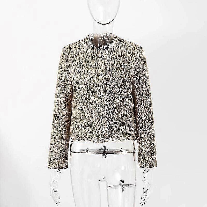 أنيقة المرأة طويلة الأكمام زر المتوترة اقتصاص تويد سترة جيب شرابة معطف جيد