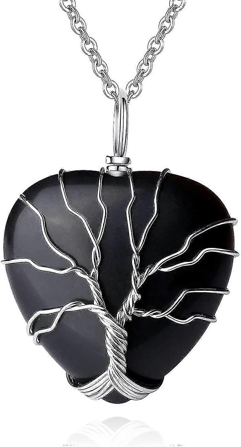 Collier en obsidienne avec pendentif en forme de cœur et arbre de vie