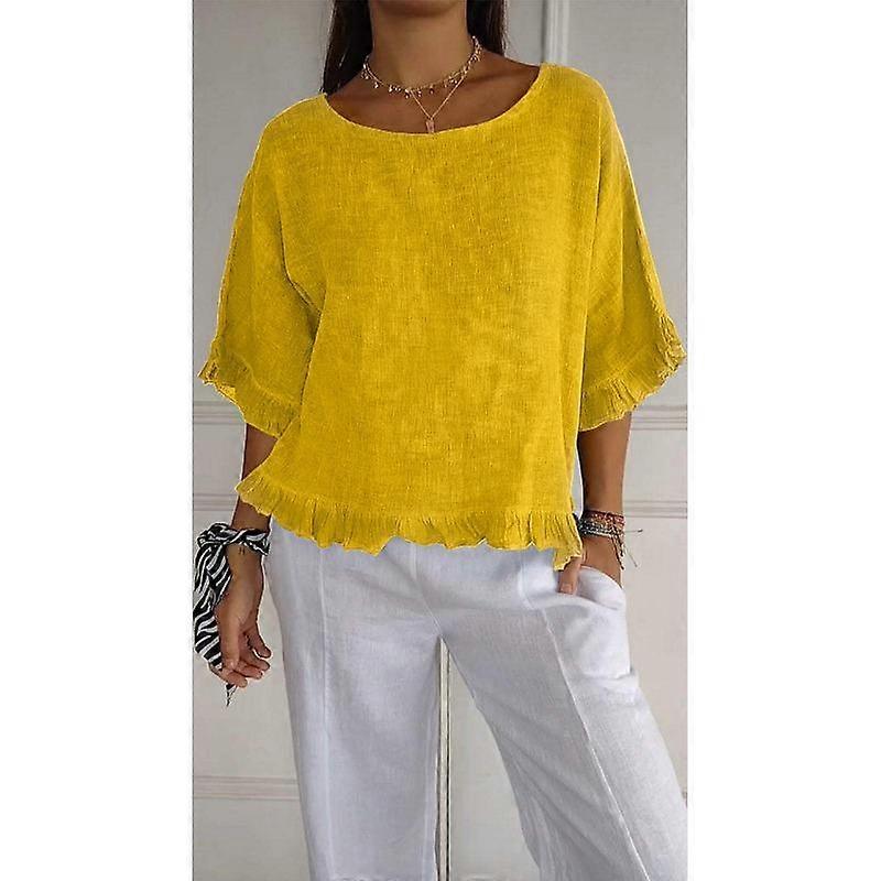 Kesä Lyhythihainen Pyöreä kaula-aukko Puuvilla Pellava Pusero Kausaliteetti Yhtenäinen väri Löysä Paita Naisille