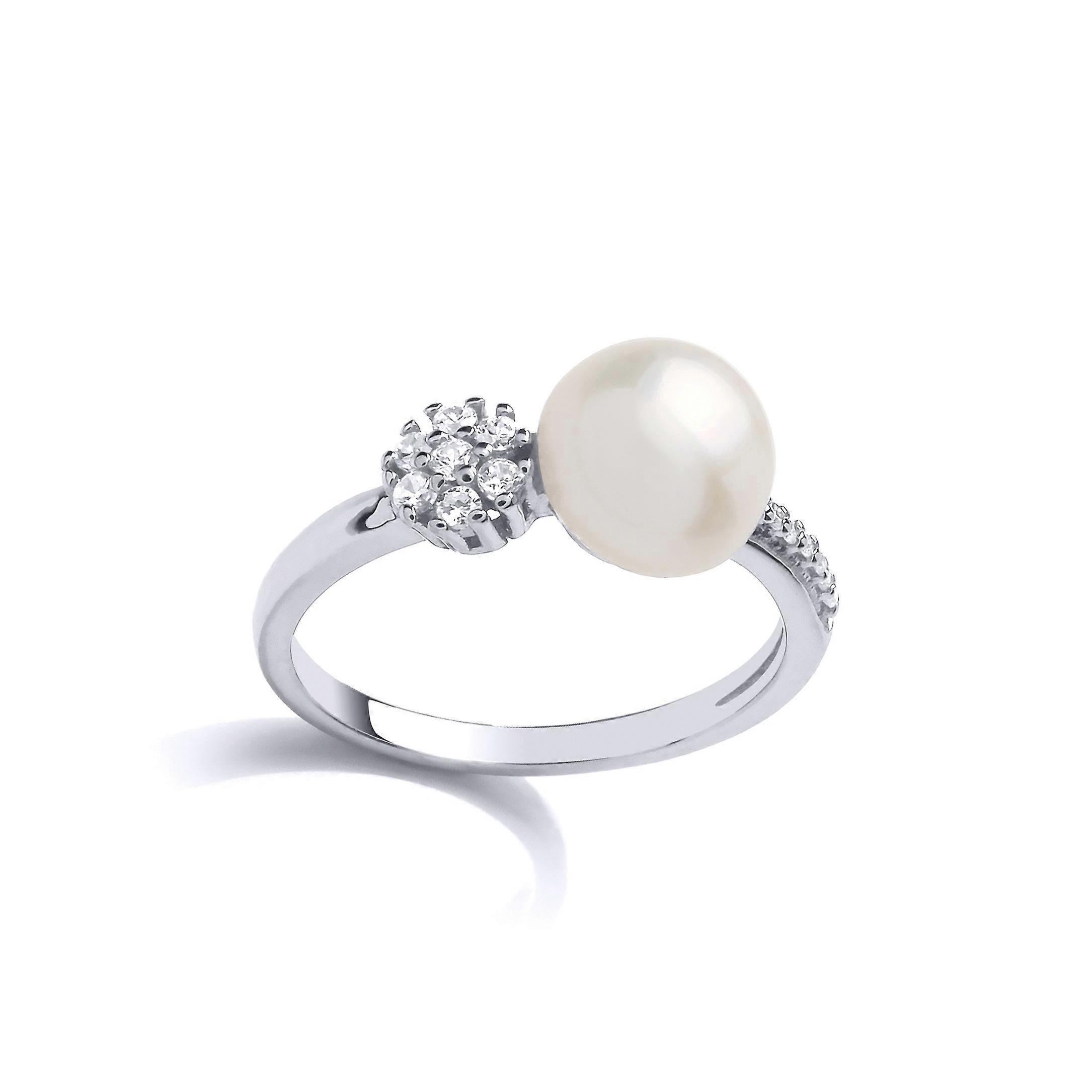 Jewelco London Sterling Silver Cubic Zirconia & Freshwater Cultured Pearl Full Moon Cluster Dress Ring 9mm