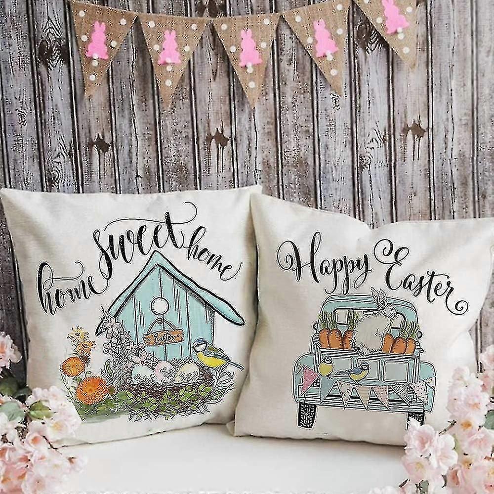 Easter Pillow Cover 18x18 Set of 2 Easter Decor Home Happy Easter Bunny Easter Truck Easter Pillow D
