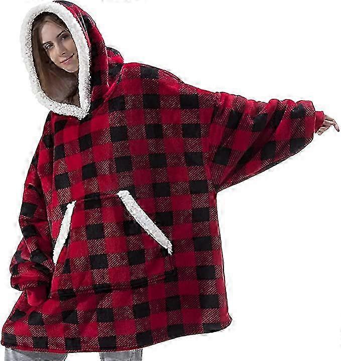 Women's soft warm giant jacket with hat (black and red grid white border)