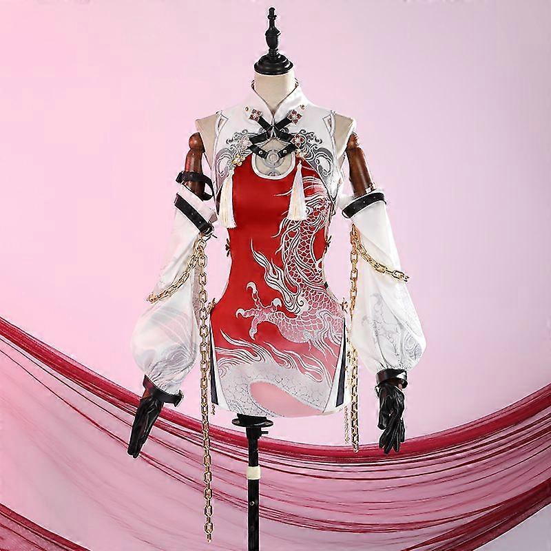 Naraka Bladepoint Yingying Ji コスプレコスチューム レッドドラゴン チャイナドレス チェーン& デタッチスリーブ |女性のためのエレガントなファンタジーバトル衣装
