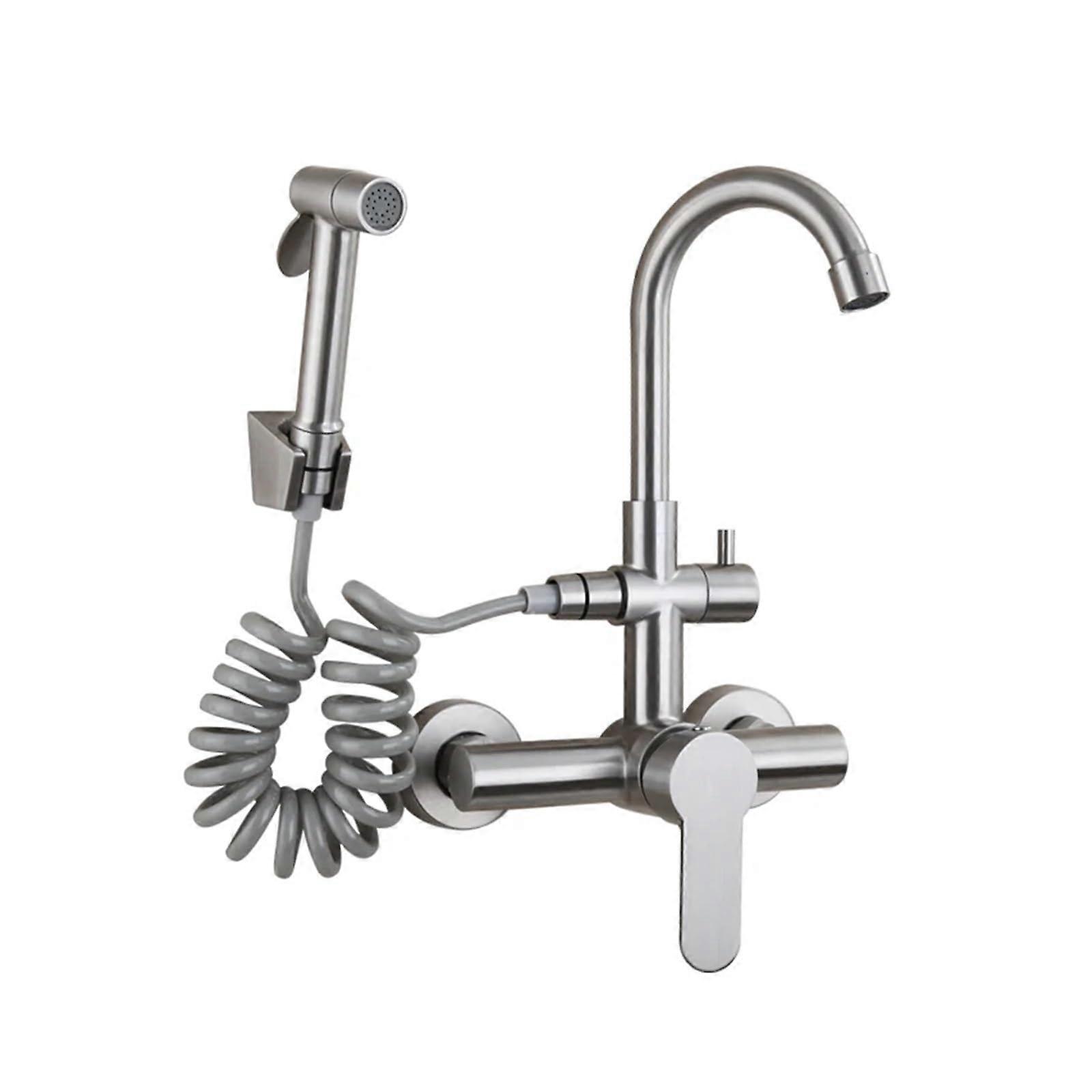 Stainless Steel Double Hole hot and Cold Mixing Faucet Wall Mounted Balcony Laundry Rotating Faucet with Spray Gun