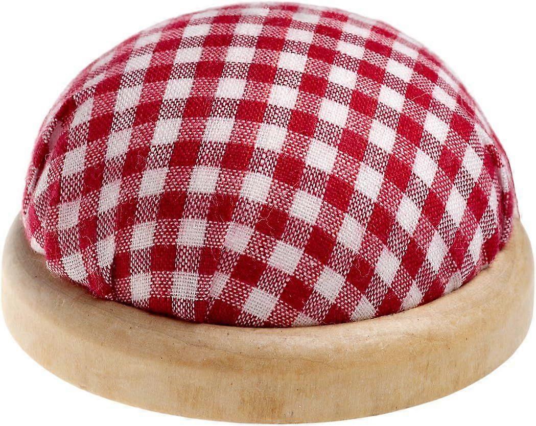 Round Table - Pin cushion with light wood border, color: red and white (checkered pattern).
