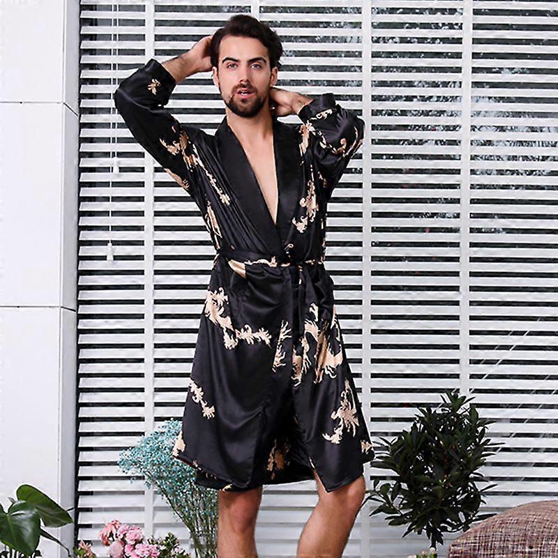 Men's Satin Robe With Shorts - Nightgown Soft Printed Bathrobes Pajamas