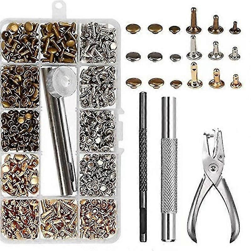 300 Leather Rivets Set Double Cap,3 Sizes Metal Tubular Rivet With Punch Pliers And 3 Pieces Fixing Tools Compatible With Leather Repair Replacement R
