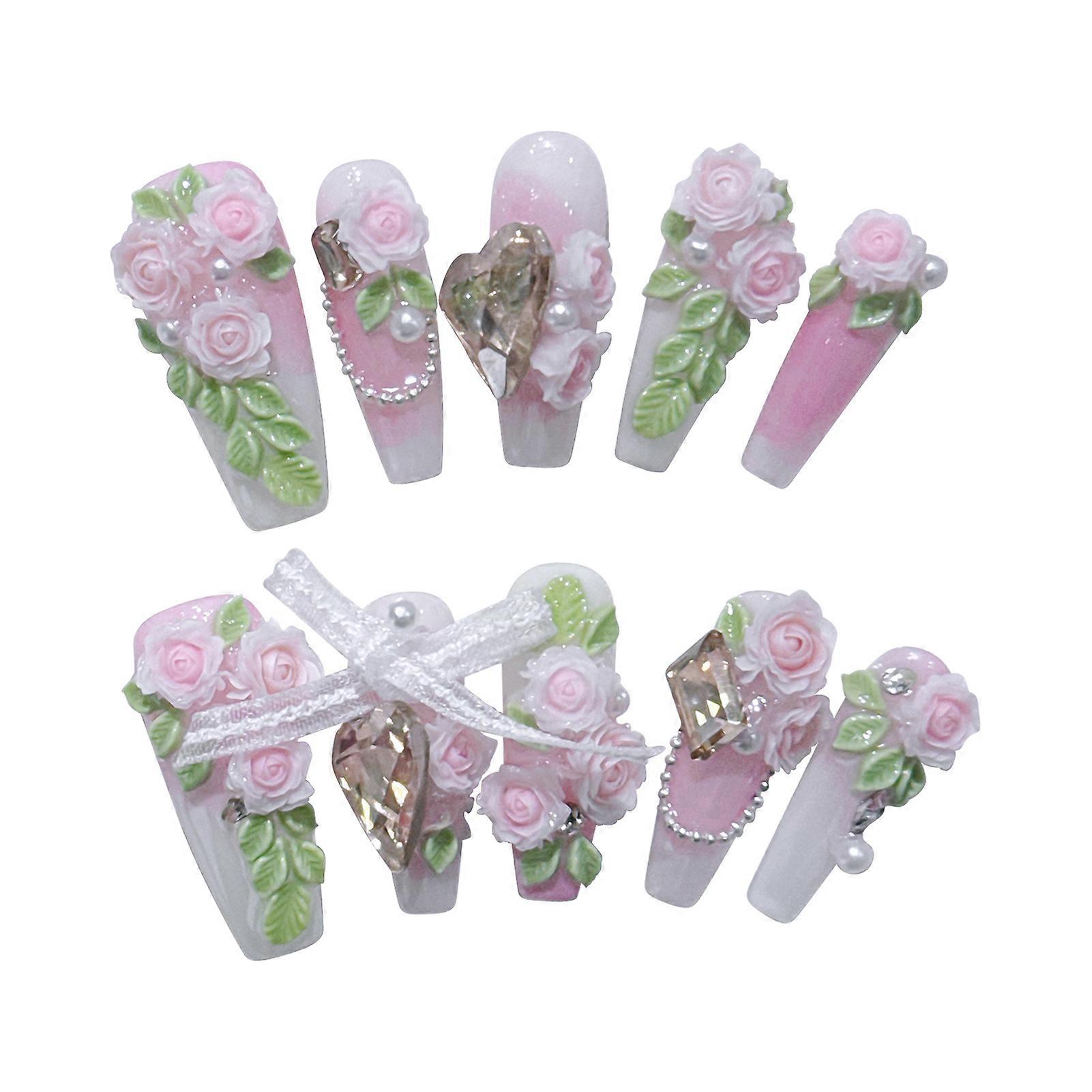 Pink White False Nails with Flower Decor Long Lasting Safe Material Waterproof
