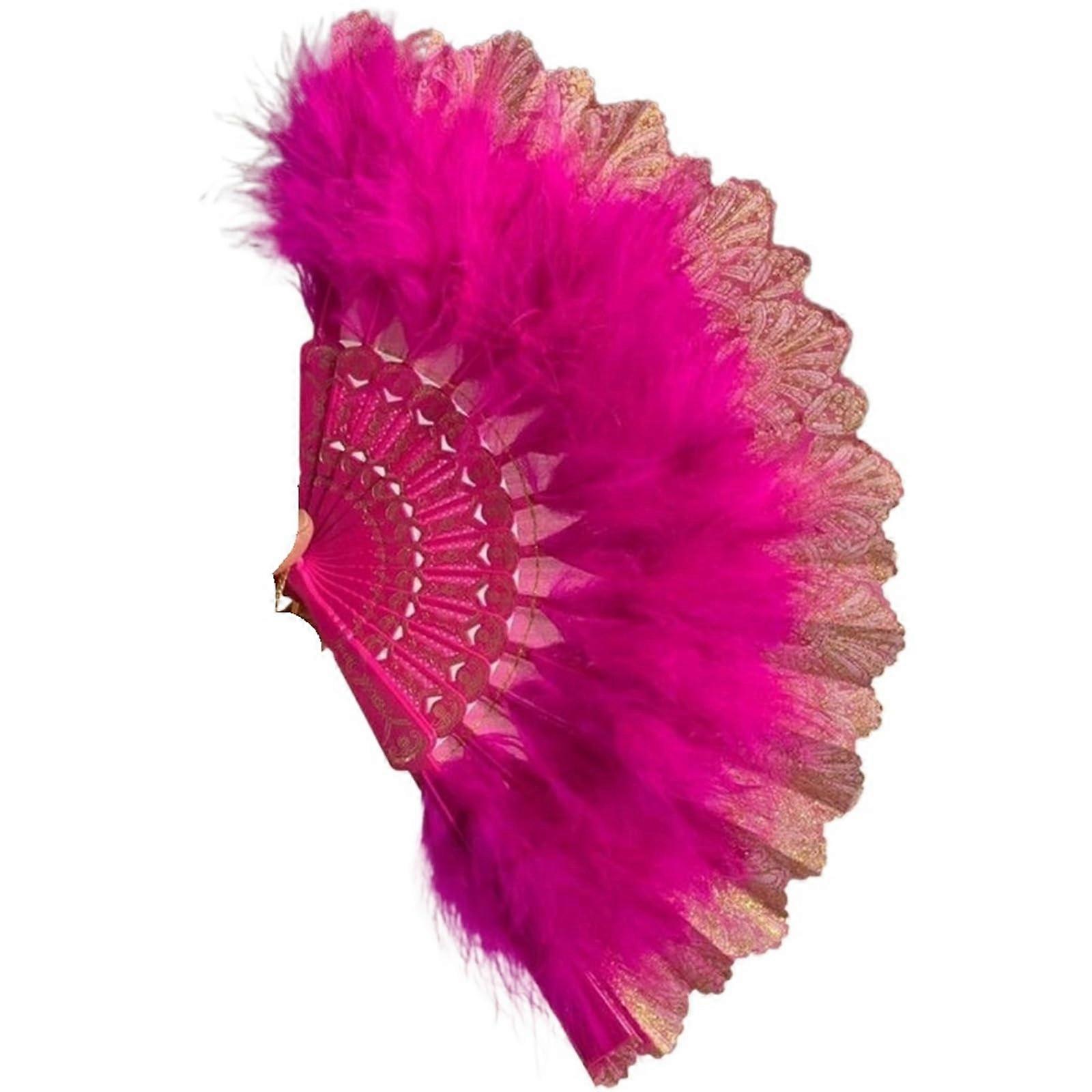 Classical Folding Fan Rose Red Retro Tassel Pendant Feather Hand Fan for Dancing and Photography Prop