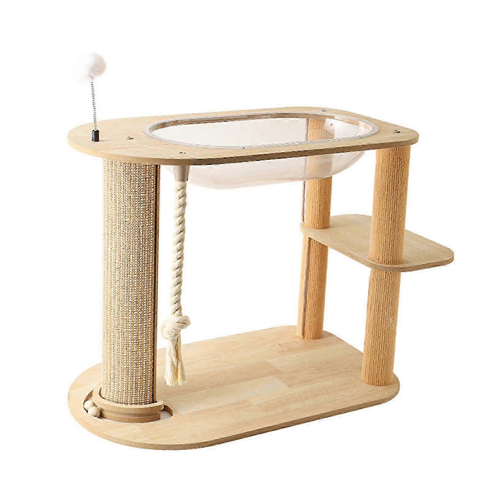 Wooden Cat Tree with Scratch Post and Transparent Space Capsule Ideal for Kittens to Relax and Play