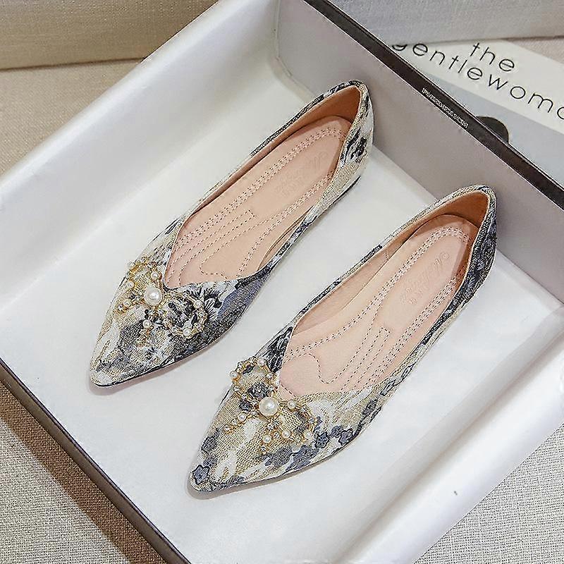 Flats Shoes for Women Comfortable Embroidery Flats Pointed Toe Dress Shoes With Pearls Bow-knot Women's Slip on Work Flats Ballet Flats Wedding Shoes