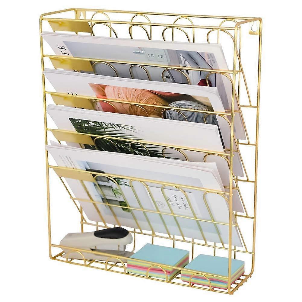 File Document Organiser Wall Mounted Metal Mesh Magazine Holder with 6 Compartments in Gold Finish