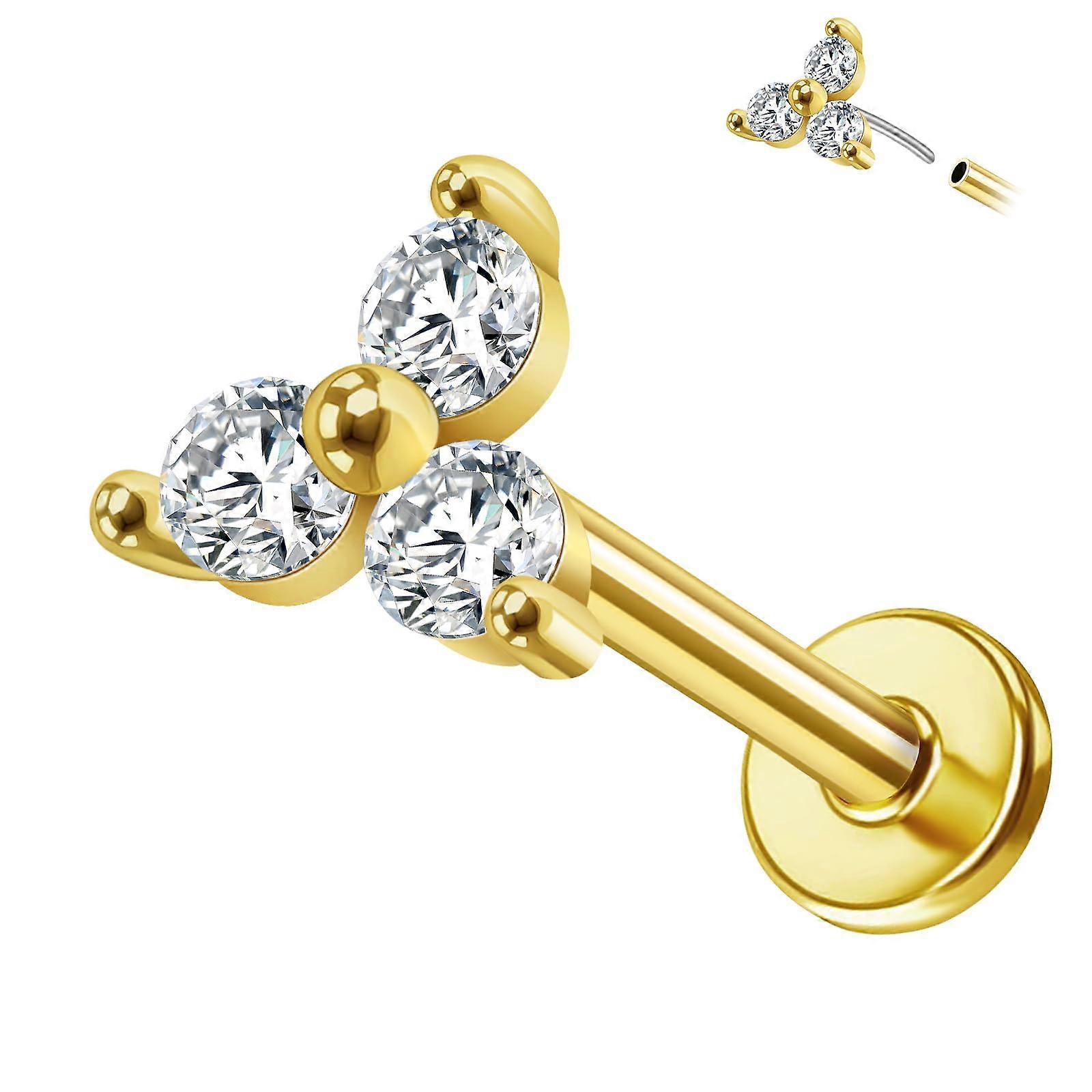 14K Gold Threadless Earring Top Push in 1 Pcs Triple CZ Flat Back Nose Stud