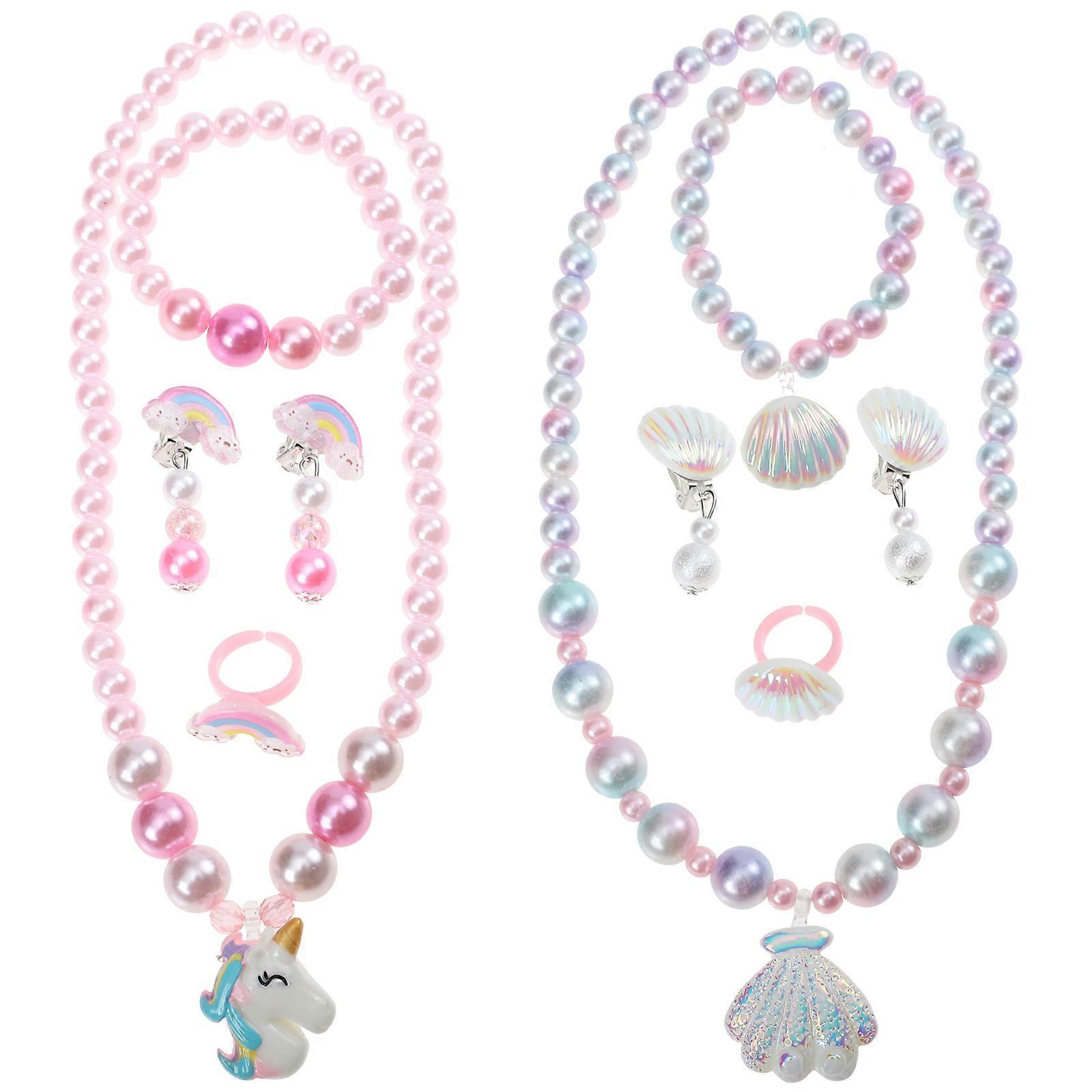 Girls Bracelet Necklace Jewelry Set Unicorn Shell Pink Imitation Accessory 2 Sets