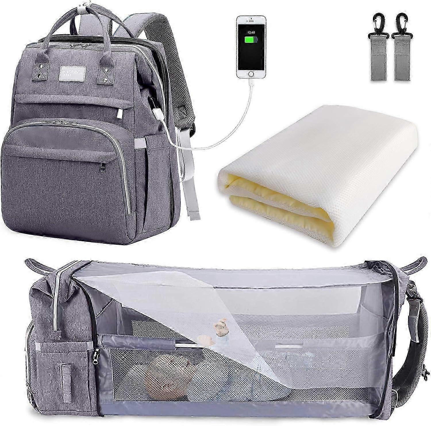 Gray Baby Diaper Bag Backpack - Large Capacity with Foldable Bed