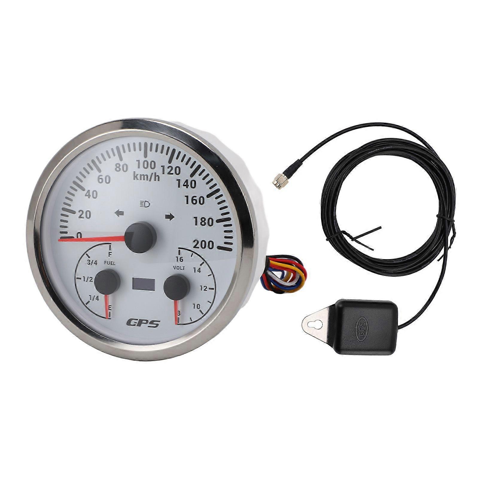 110mm 4~3/8in 3 in 1 GPS Speedometer Odometer with Voltmeter Fuel Level Gauge Turn Signal 200KM/H for RV Yacht Truck Red Backlight White Dial Silver B