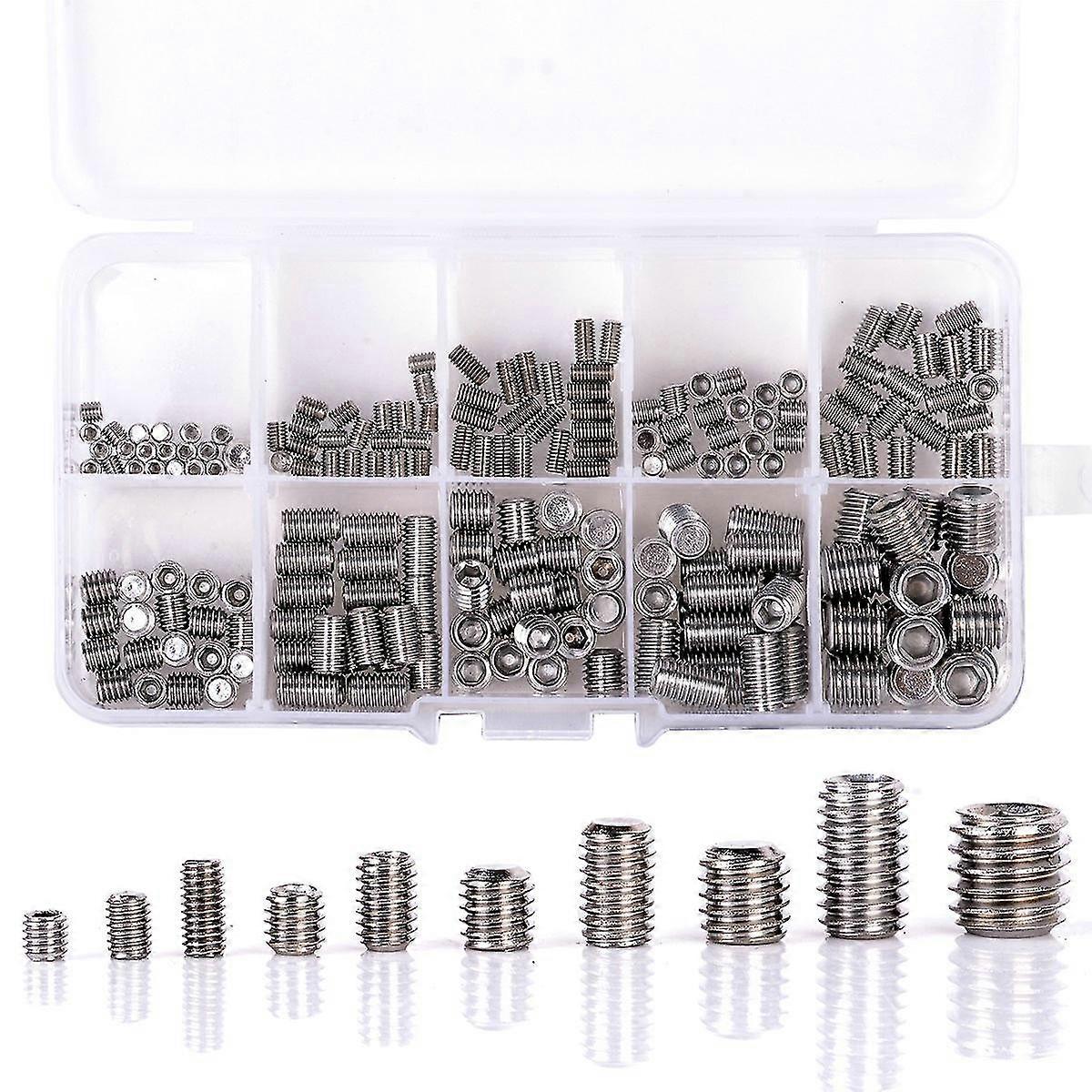 200Pcs 304 Stainless Steel Grub Screws Hex Socket Screw Assortment Kit Set M3/M4/M5/M6/M8