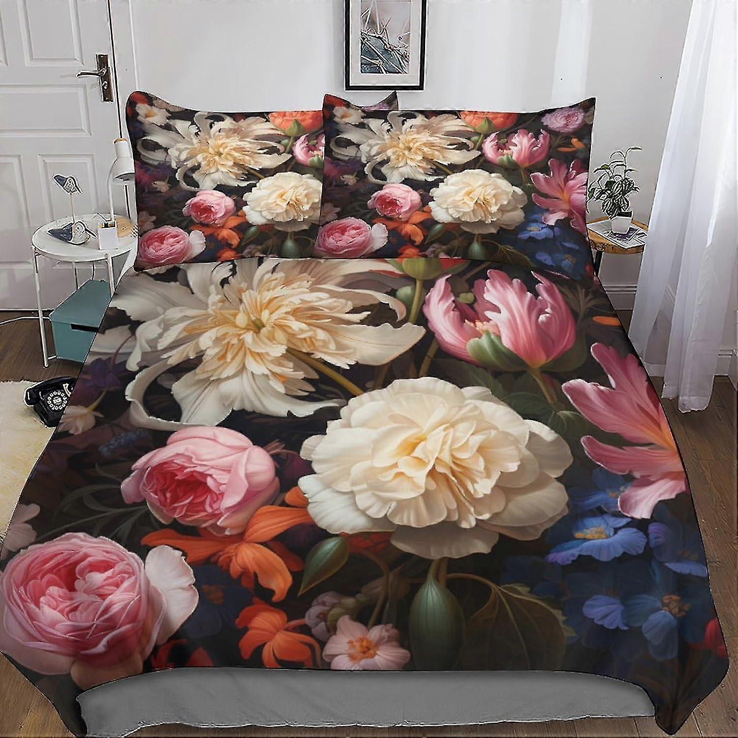 Conjunto de capa de edredom com flores coloridas para crianças e adolescentes, colcha de arte botânica 3D com fecho de zíper, capa de edredom macia