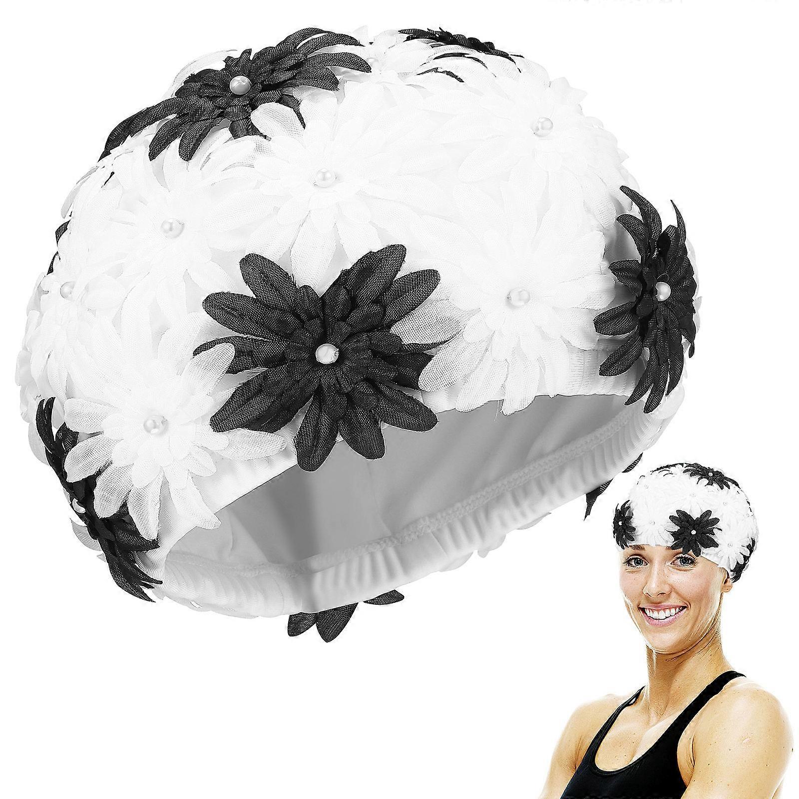 Ladies Flower Swim Cap Outdoor Rafting Prevent Hair from Entering Pool White 1Pcs