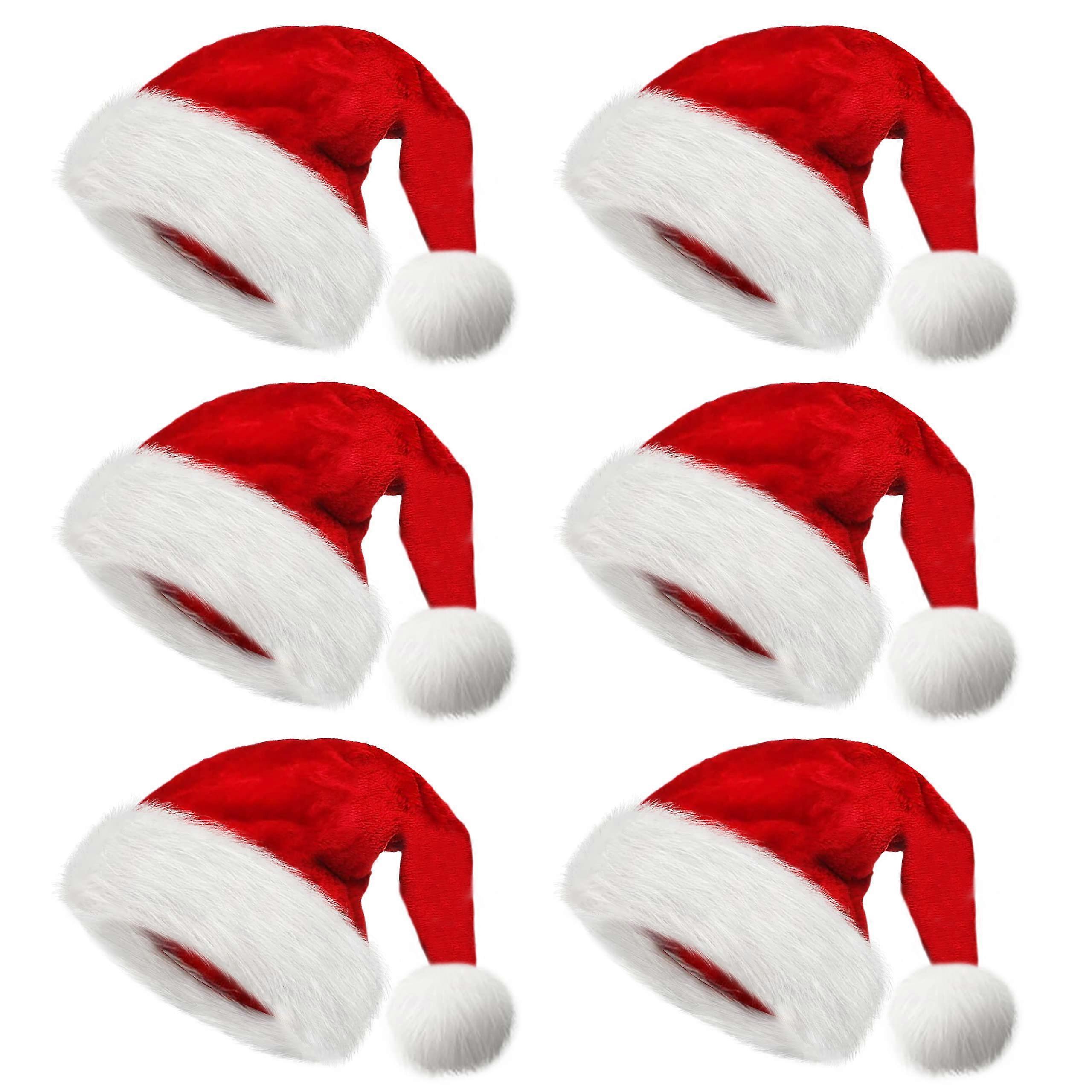 Pack of 6 Adult Christmas Hats - Extra Thick Plush Velvet Santa Hats for Men Women Teenagers Holiday Parties Red