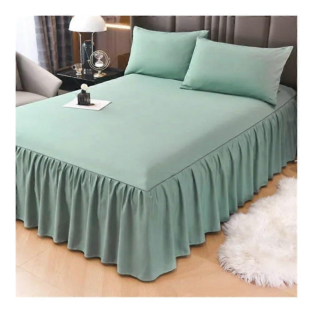 1 x singlecolor bed skirt with lace, fitted sheet with ruffles, Queen/King (Green)