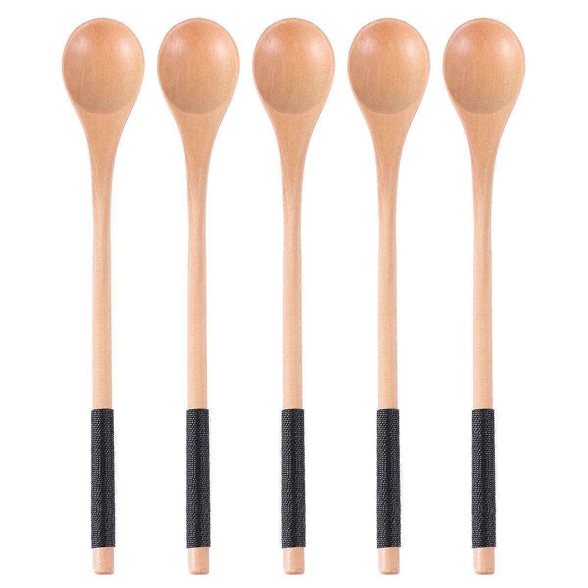 5pcs Honey Stirring Wooden Spoons with Long Handles, Natural Color and Black Thread, Tableware for Desserts, Curries and More