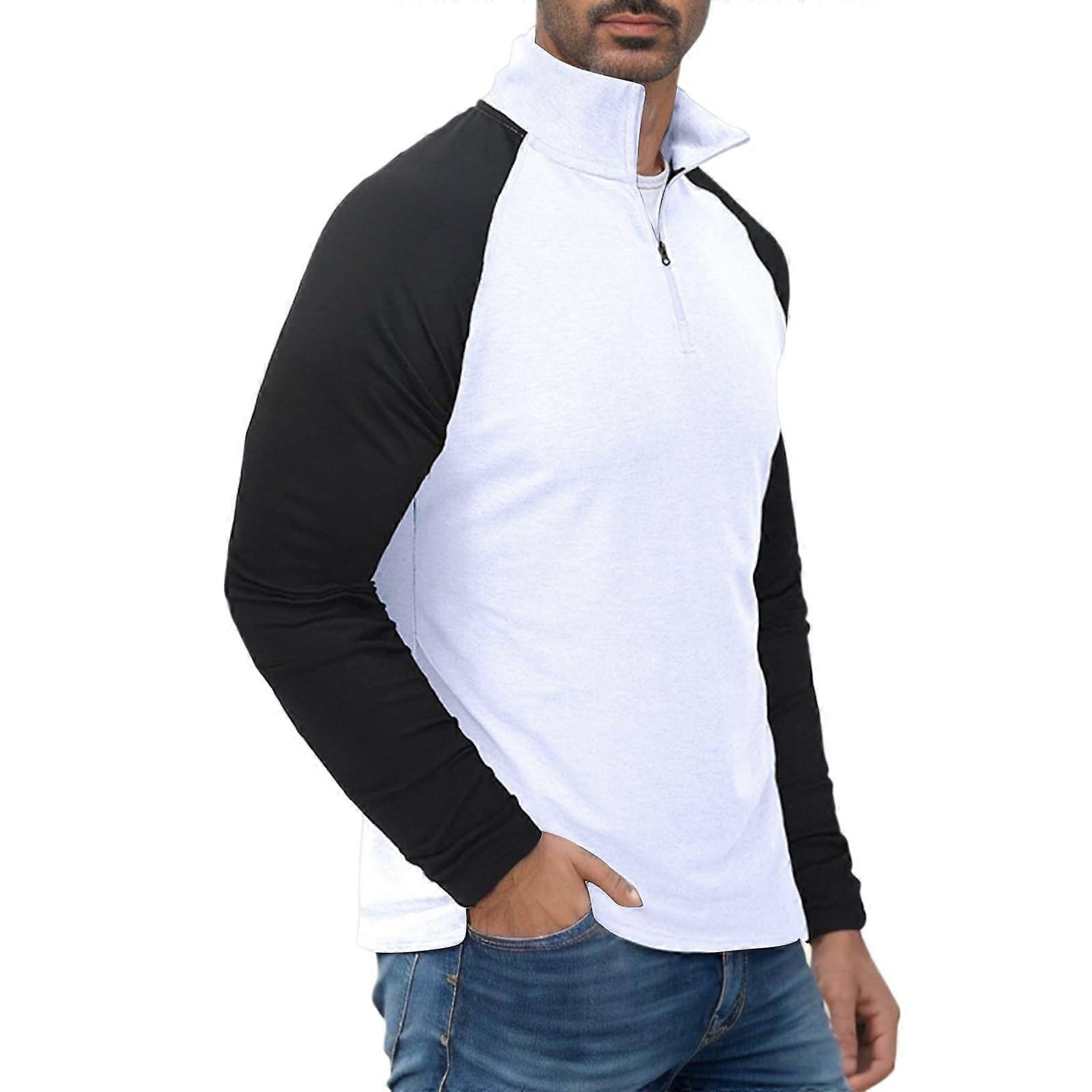 Men's Colour Block Knitted Jumper with Zip and Stand-Up Collar, Casual Slim Fit Long Sleeve Autumn Jacket, White XL