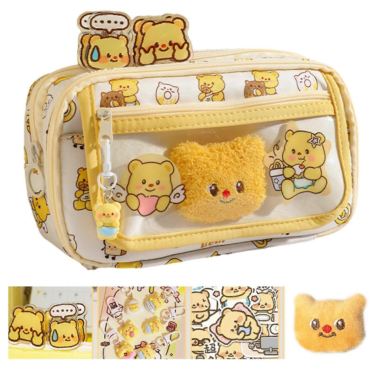 Multi-Purpose Pencil Case with Large Capacity, Bear Sticker Design, Includes Sticky Notes, Paper, Keychain, and Paper Clips