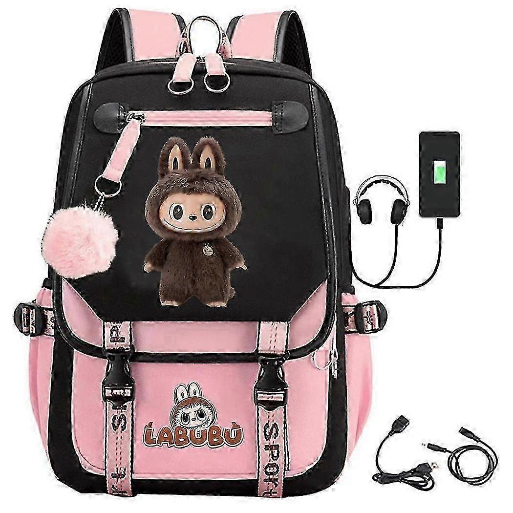 Cartoon Labubu USB 充电背包，适合学校、工作和旅行 - 男士、女士和儿童