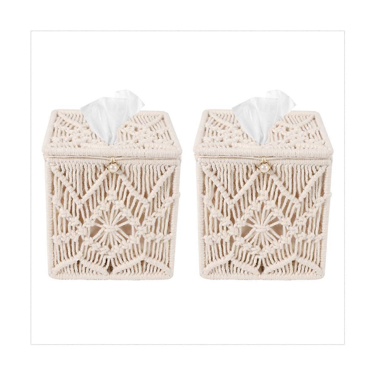 2X Tissue Box Cover Boho Decor Square Paper Tissue Holder with Bead Buckle Macrame Napkin Tissues Or