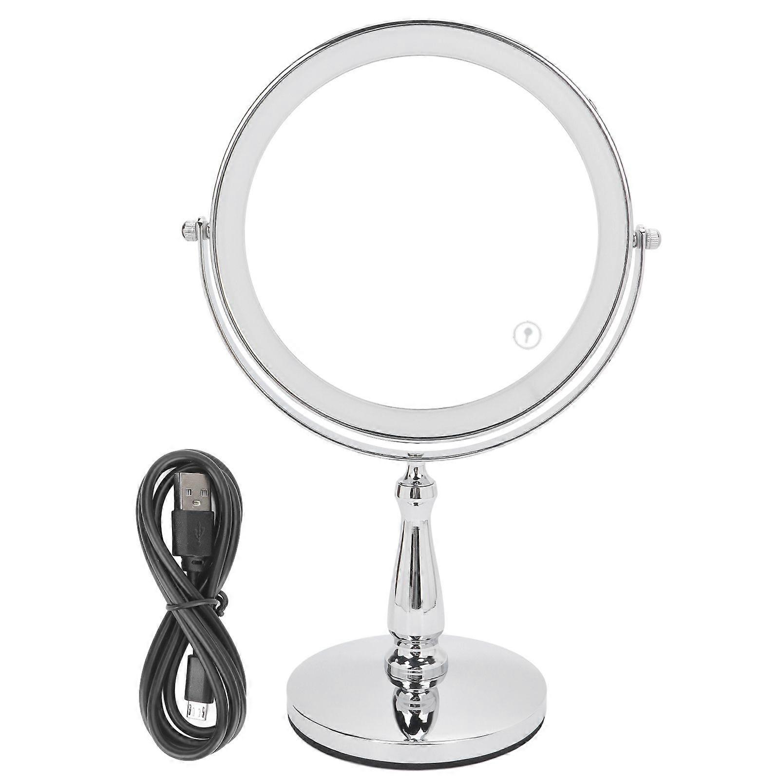 8in LED Makeup Mirror Double Sided Touching Switch 360 Rotation Lighted 3X Magnifying Mirror Bright Silver