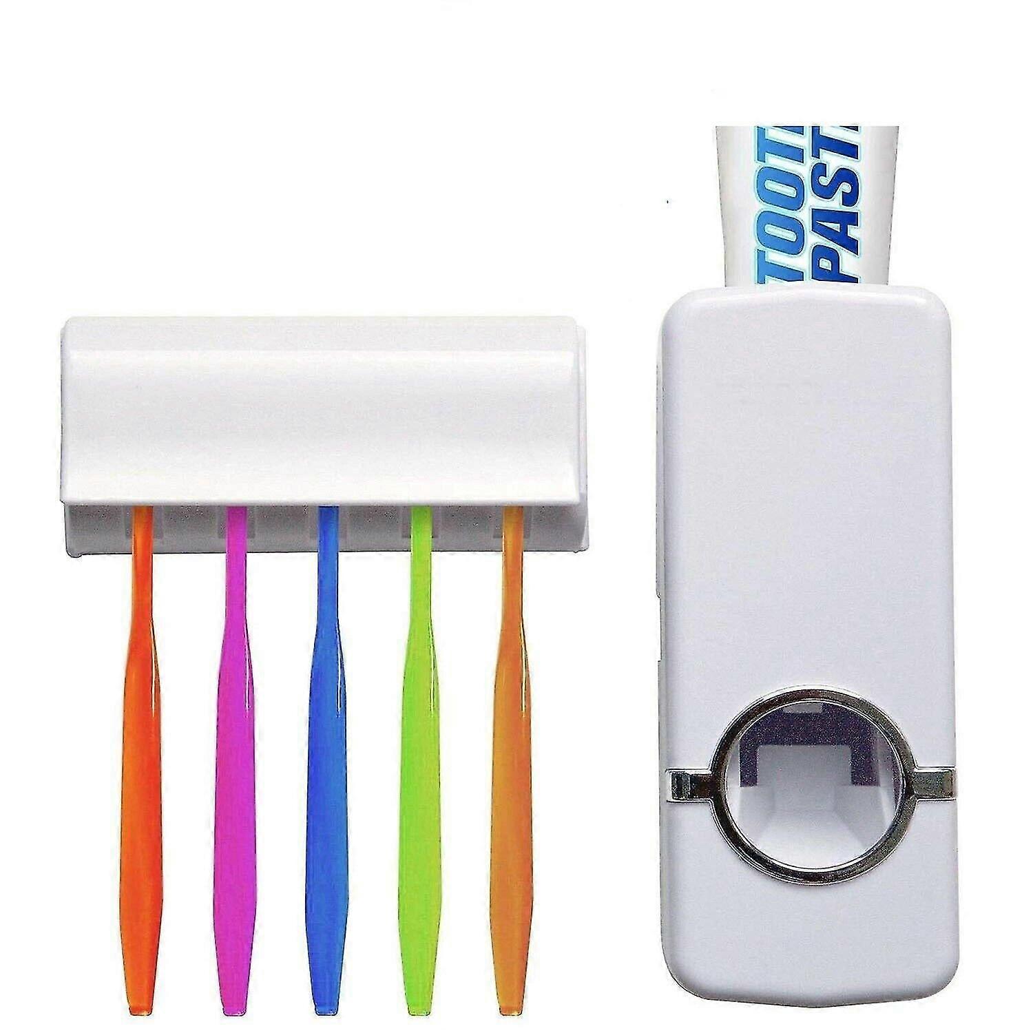 ホワイト自動歯磨き粉ディスペンサー+ 5歯ブラシホルダーセットウォールマウントスタンド