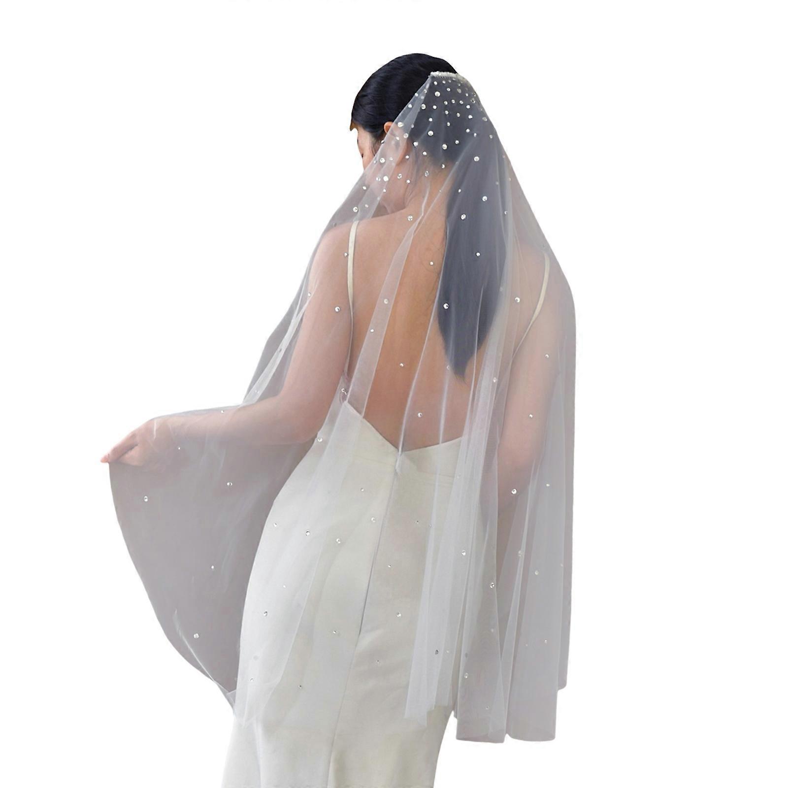Sheer Bride Veils with Sparkling Rhinestones Single Layer Short Tulle Veils with Comb Attachments for Wedding Occasion  White