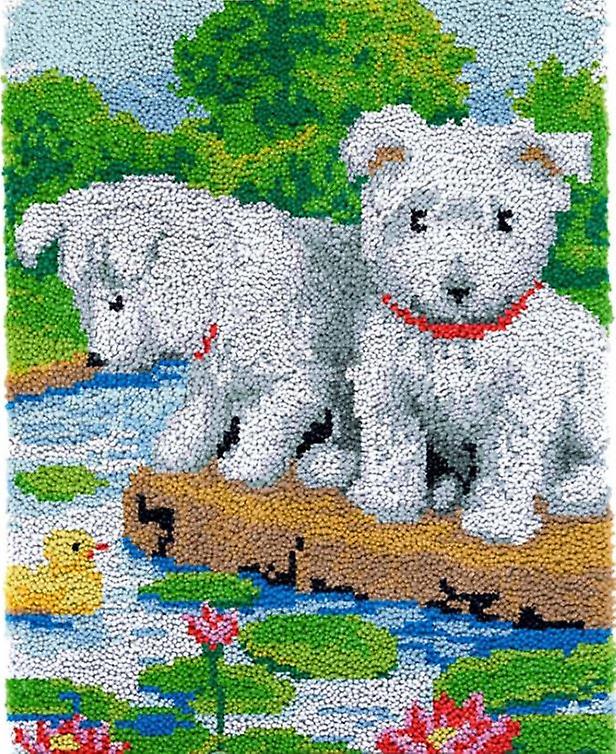 Two White Puppies Rug Latch Hooking Kit (58x85cm)