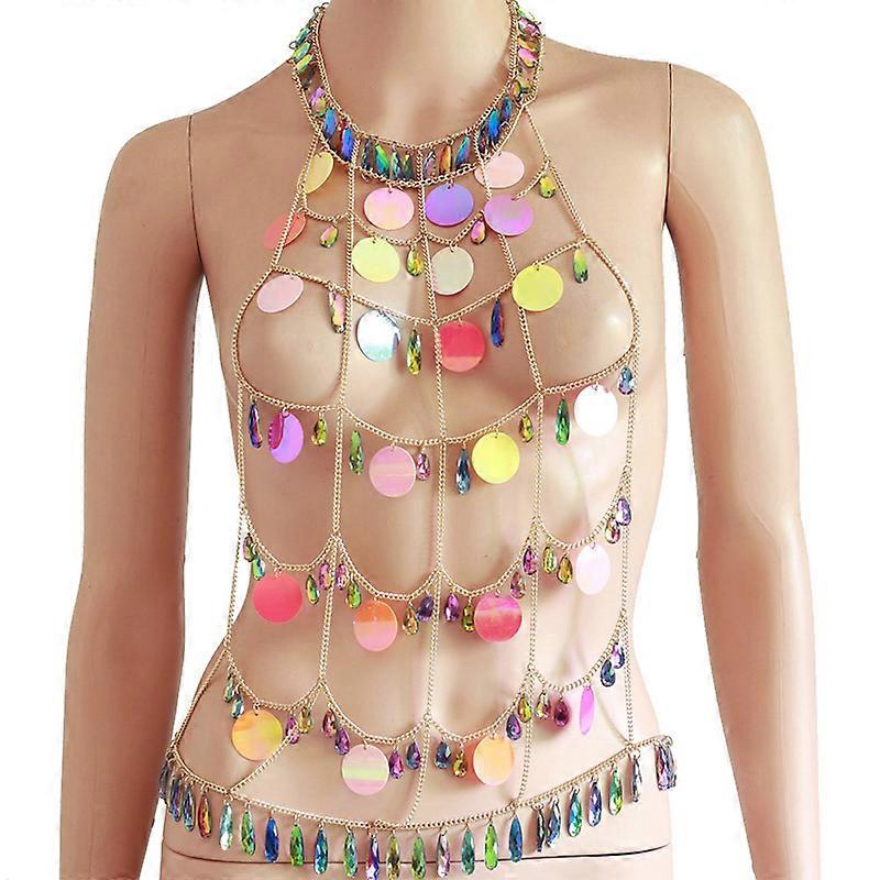 Sexy Mesh Sequin Body Chain Jewelry Necklace Multi-layer Beaded Bikini Women Belly Waist Chain Festival Wear