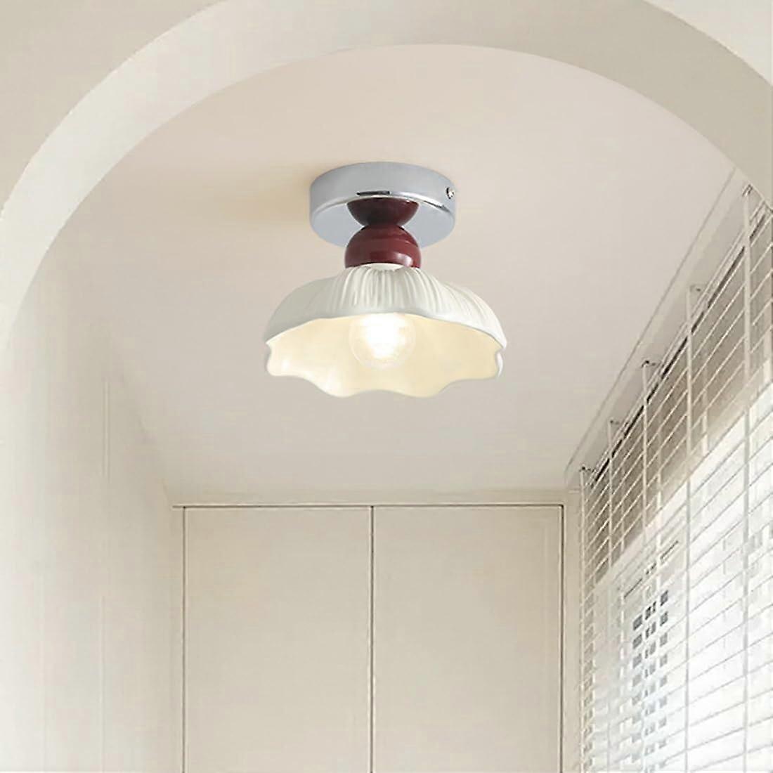 Vintage Flower Semi Flush Mount Ceiling Light with Red and White Lampshade for Bedroom