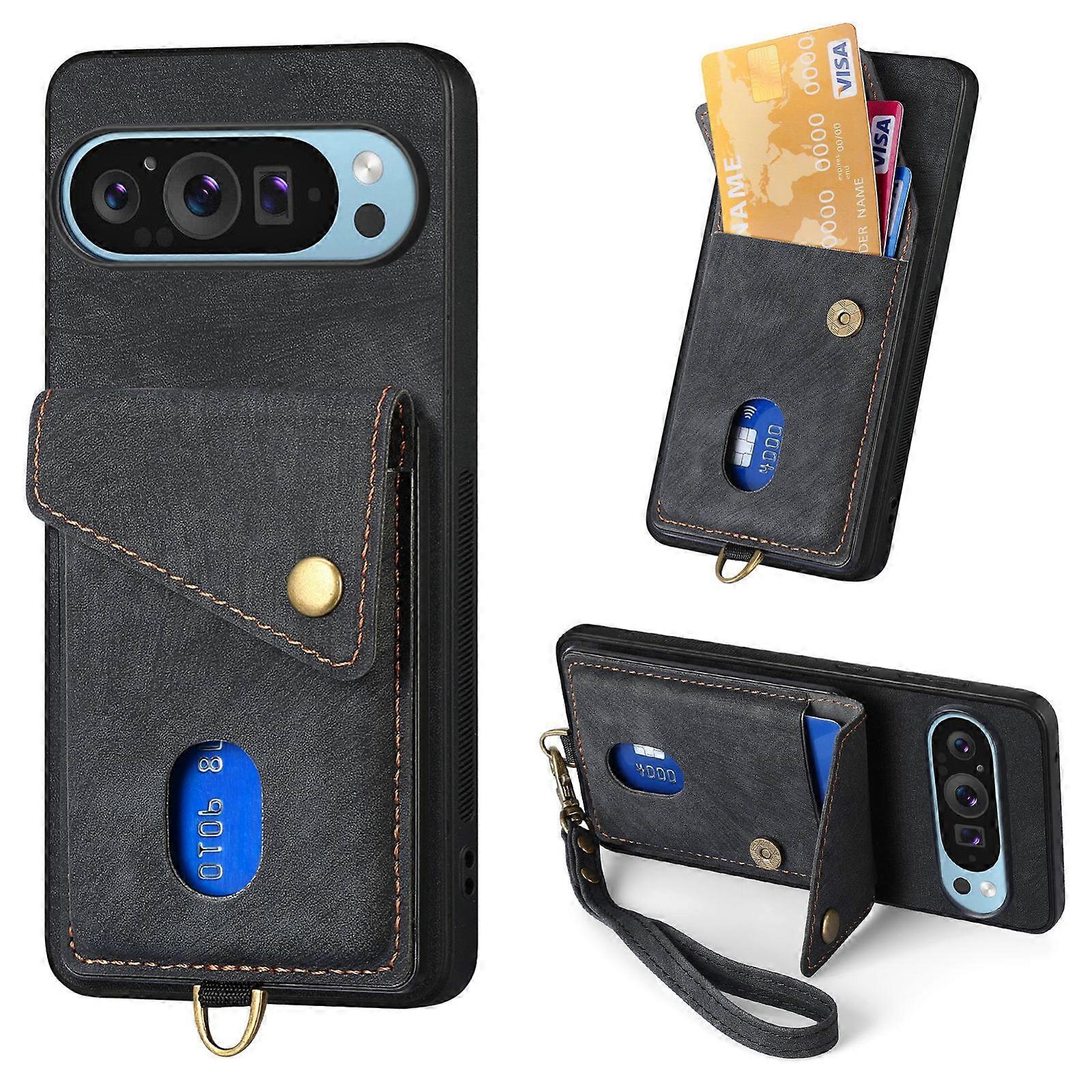 Retro Card Wallet Fold Leather Phone Case with Strap