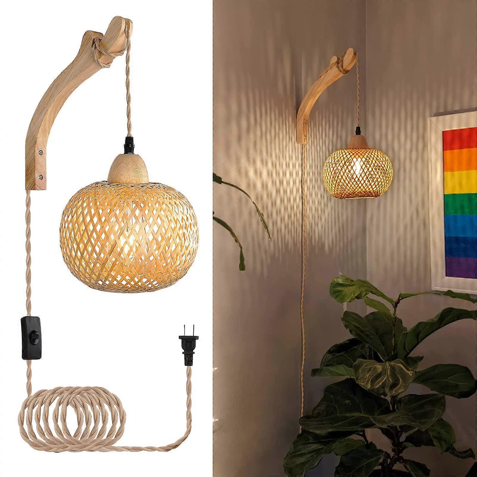 Bamboo Wall Sconce with Handwoven Rattan Shade, Plugin Cord, Boho Farmhouse Rustic Light for Living Room Bedroom