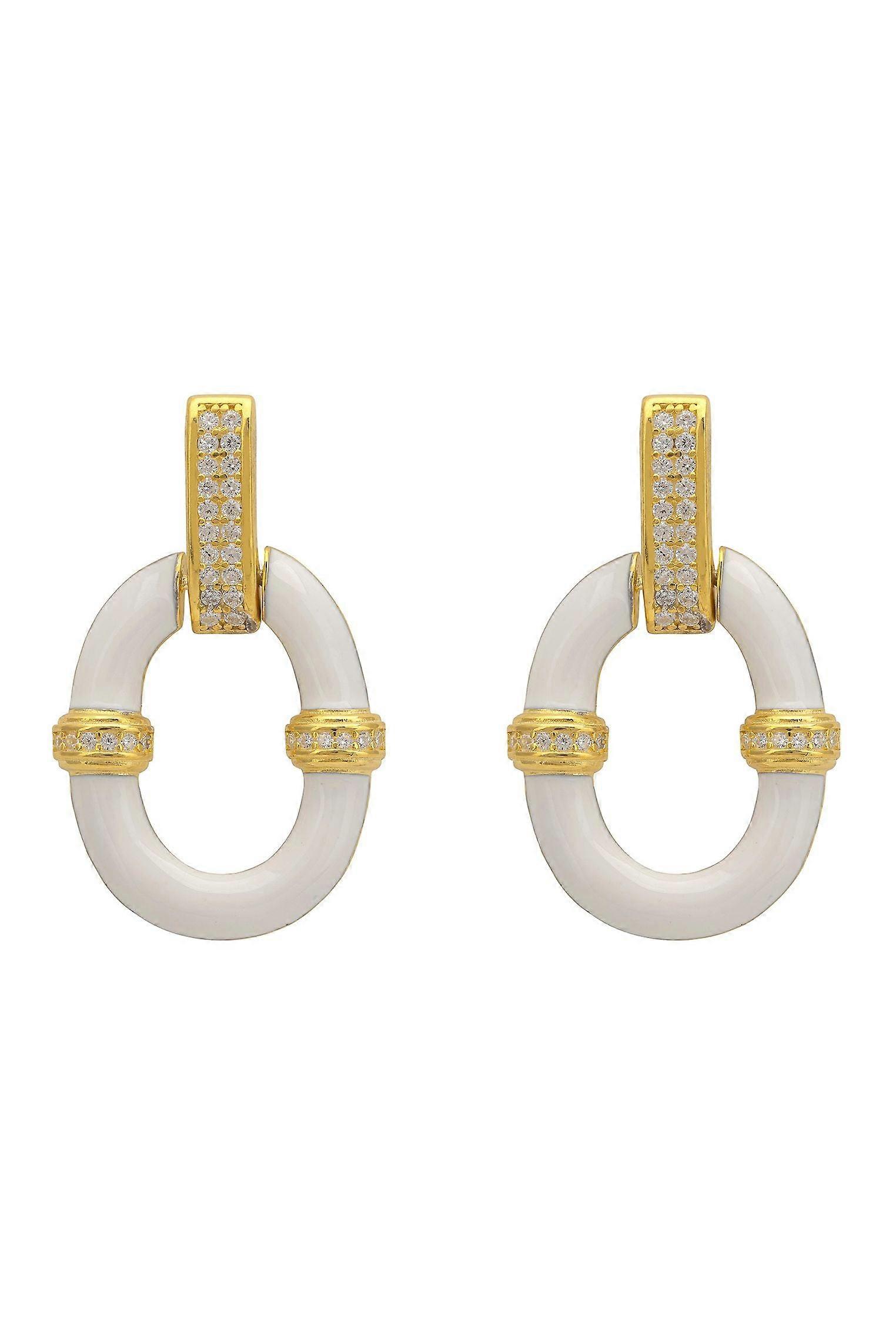White Enamel Oval Drop Earrings Gold