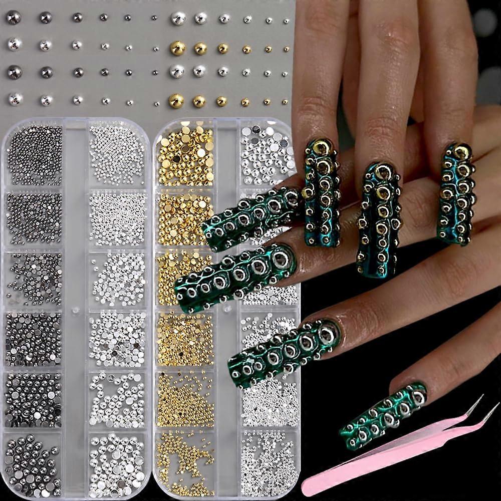Nail Art Decorations Half Round Flatback Beads Set Gold and Silver MultiSize with Tweezer