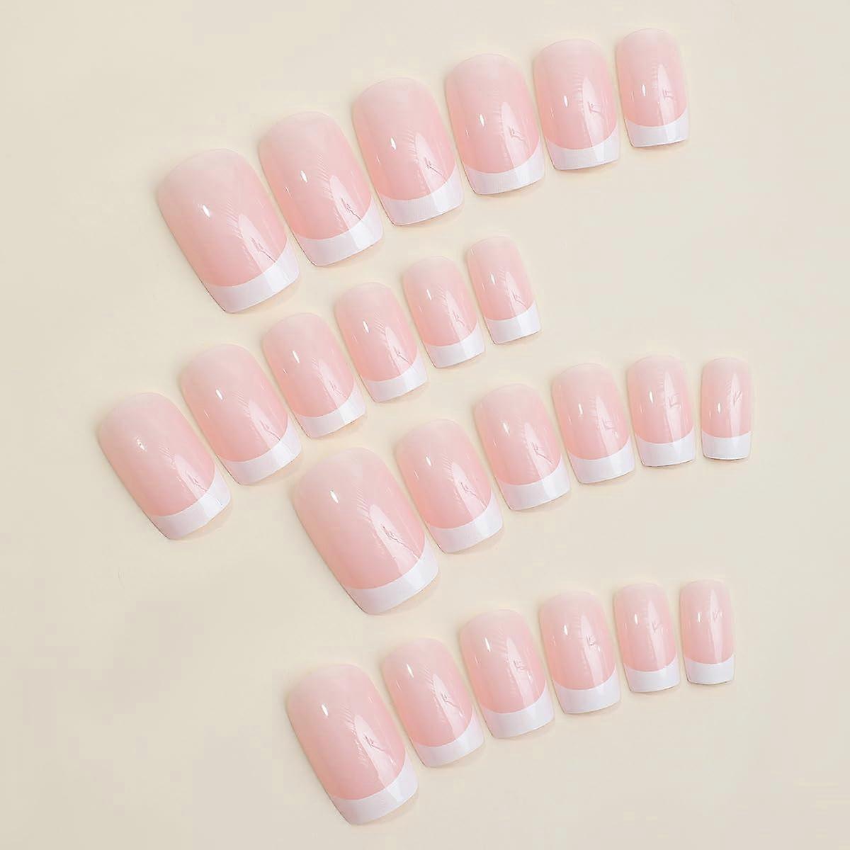 Reusable Pink Press On Nails with White Edge, Rectangular Nude Fake Nails 24 PCS Set