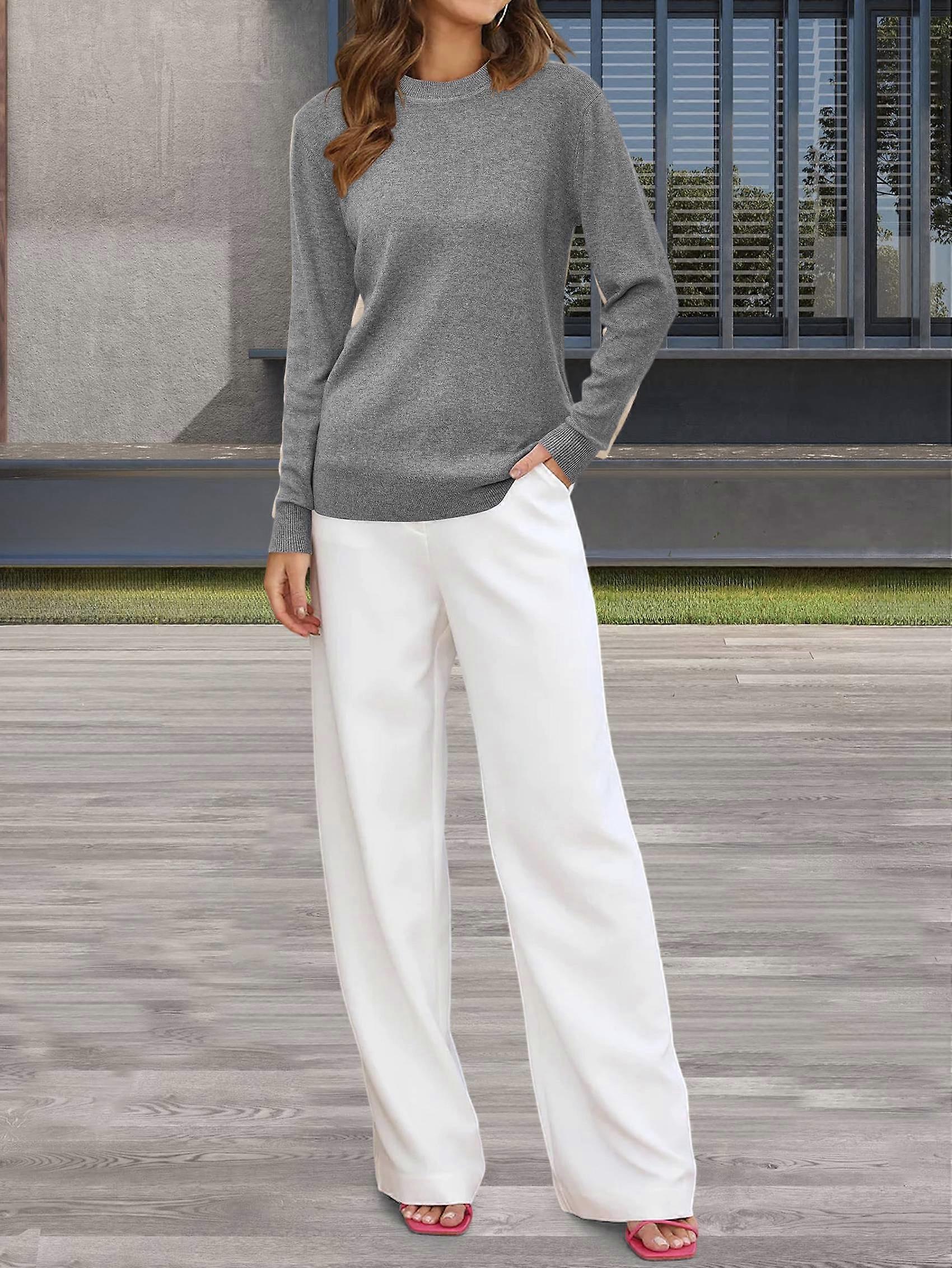 Women'S Wool Blend Classic Crew Neck Casual Fall Sweaters Light Gray M