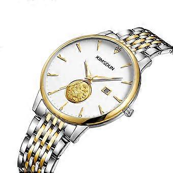 Reloj de cuarzo de lujo para hombre, resistente al agua, con detalles dorados y brazalete plateado, diseño elegante, esfera sofisticada, correa de acero inoxidable, accesorios de moda.