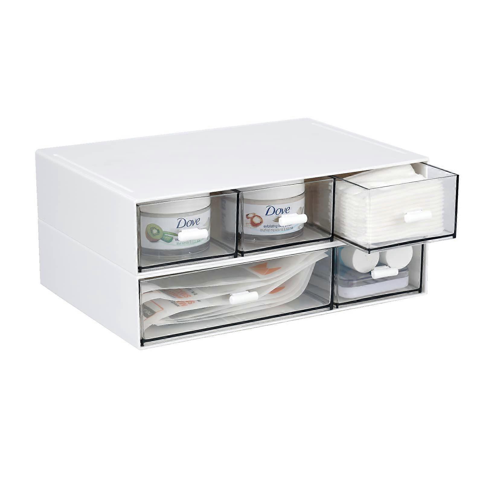 5 Drawers, Desktop Stackable Plastic Storage Box (2-Tier,White)