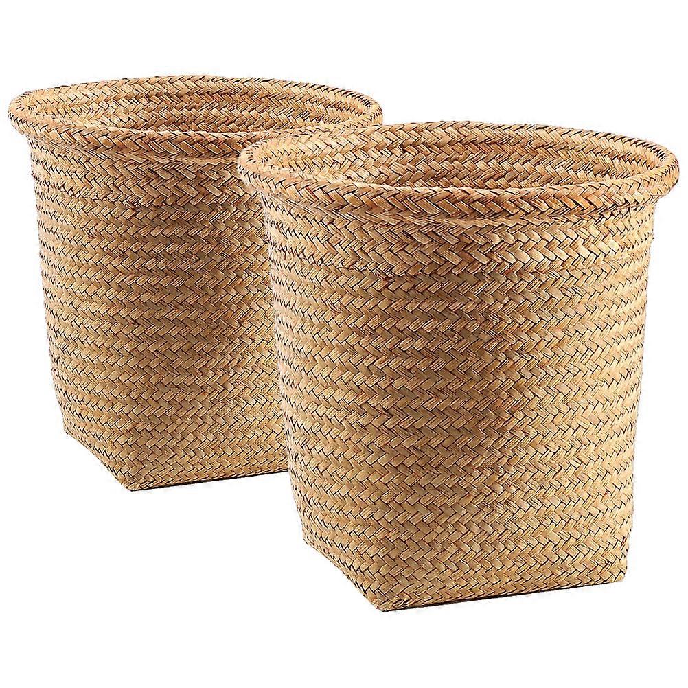 2pcs Woven Wastebaskets Decorative Round Trash Cans Garbage Container Baskets