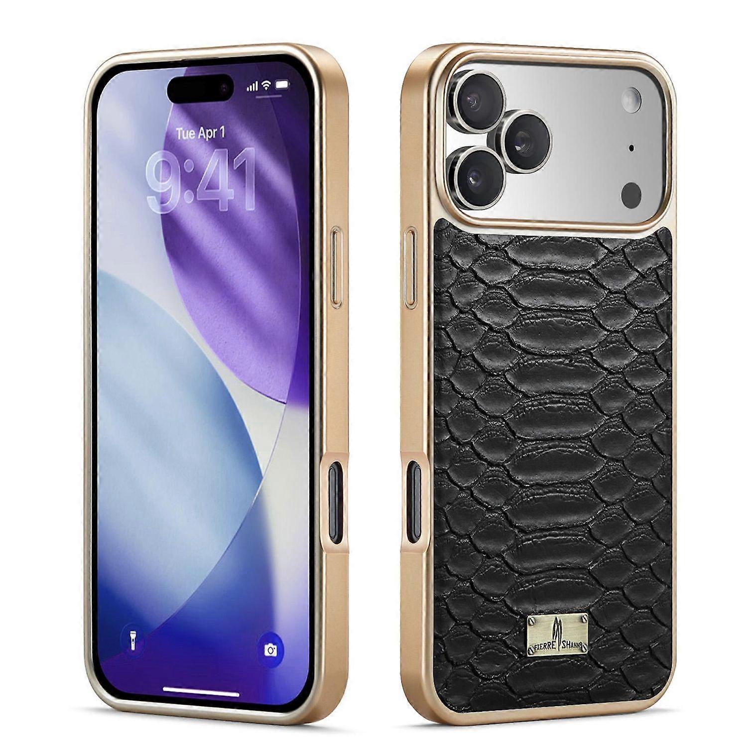 Faux leather case for iPhone 17 Pro Max with electroplated python texture, black