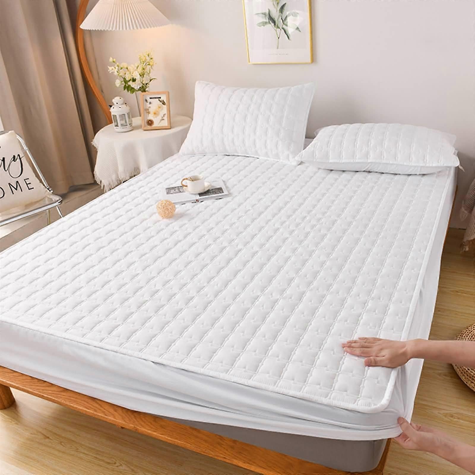Fitted Bed Sheet Queen Size White, Elegant Textured Solid Color Bedding with Accurate Queen Fit