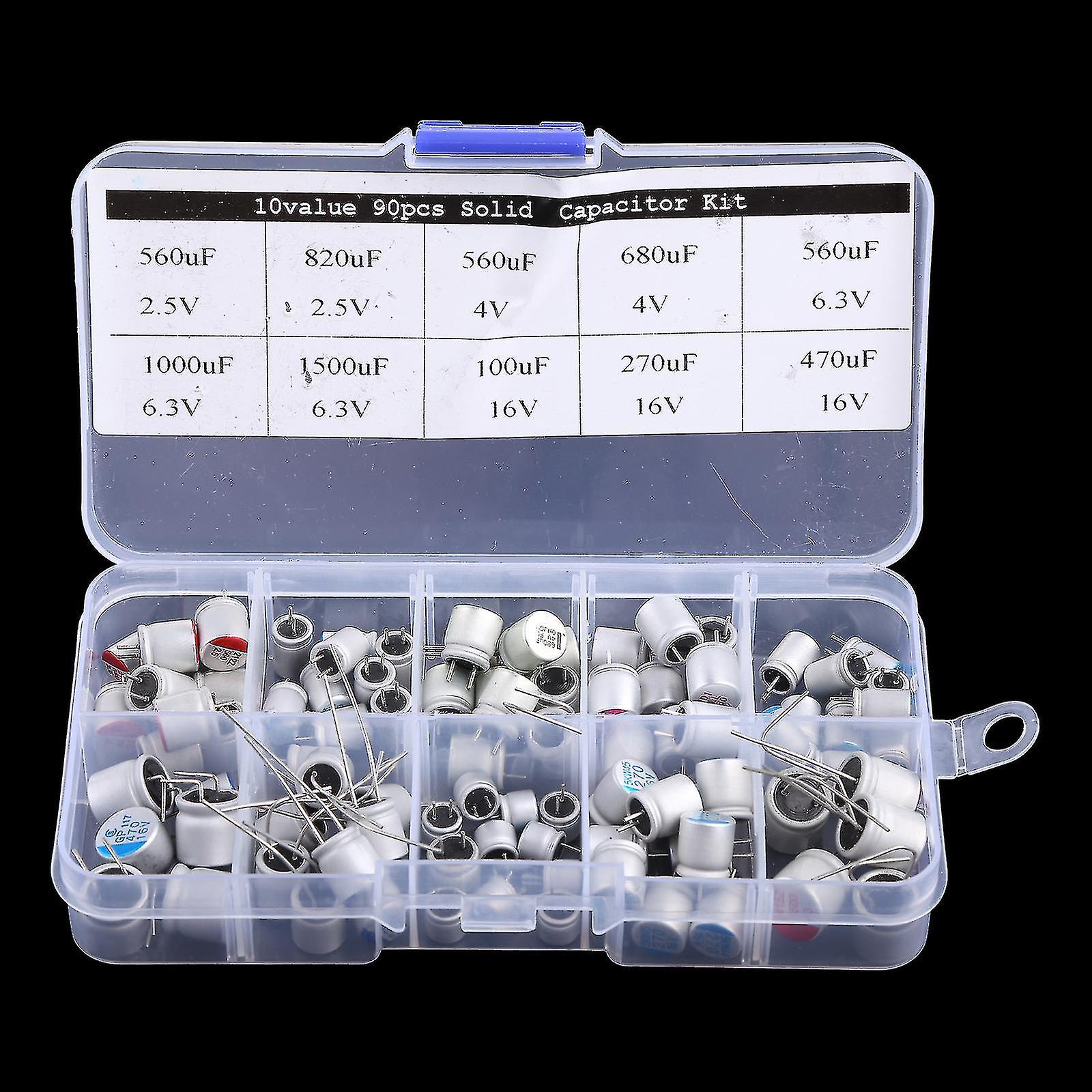 90 Pcs 10 Values Solid Capacitor Assorted Kit 2.5v-16v 100uf-1500uf With Box